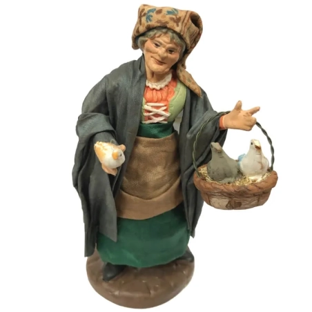 Donna con uccellini in terracotta con vestiti di stoffa 12 cm