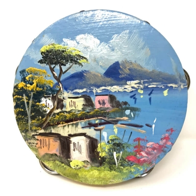 Tamburello in ecopelle dipinto veduta di Napoli 16 cm