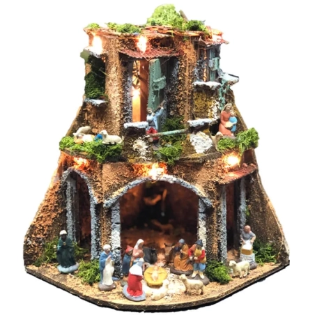 Presepe angolare con pastori e luci 23 cm