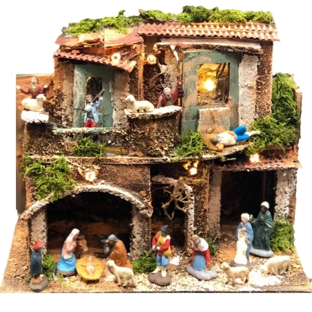 Presepe in sughero con pastori e luci 15 cm