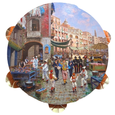 Tamburello in vera pelle con dipinto di Totò in strada a Napoli 55 cm