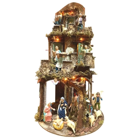 Presepe in sughero completo di luci e pastori 60 cm