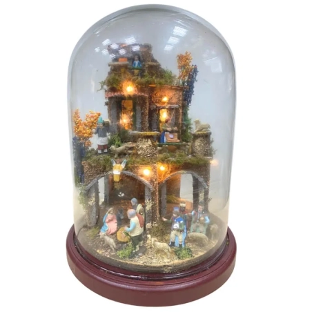 Presepe in campana 30 cm con luci e pastori 4 cm