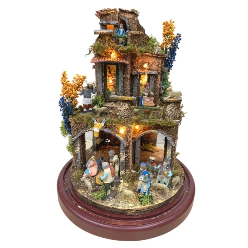 Presepe in campana 30 cm con luci e pastori 4 cm