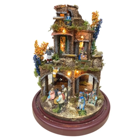 Presepe in campana 30 cm con luci e pastori 4 cm