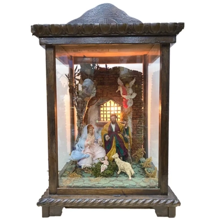 Natività 20 cm in scarabattola stile 700 completa di luci
