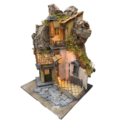 Presepe napoletano stile 700 con tempio e luci 29 cm