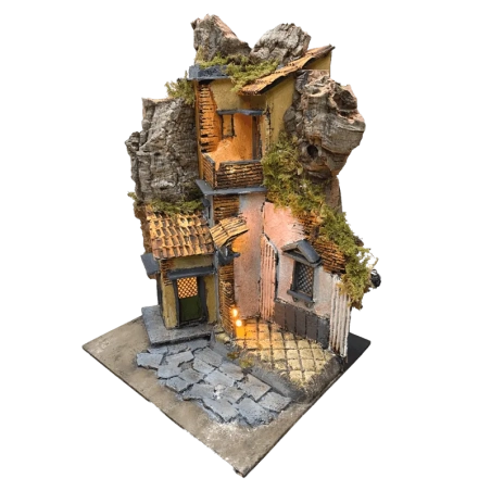 Presepe napoletano stile 700 con tempio e luci 29 cm