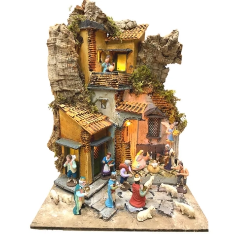 Presepe napoletano stile 700 con tempio e luci 29 cm
