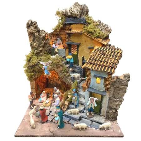 Presepe napoletano in sughero con luci 28 cm