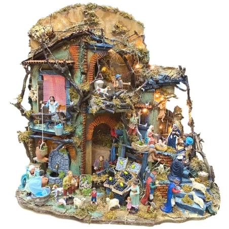 Presepe in movimento stile 700 completo di pastori, luci e fontana 60 cm