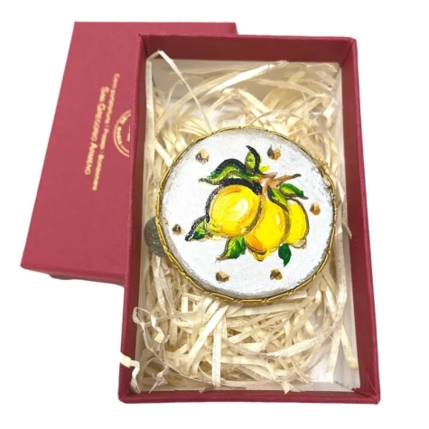Tamburello  da 4.5 cm con dipinto dei Limoni in scatola regalo