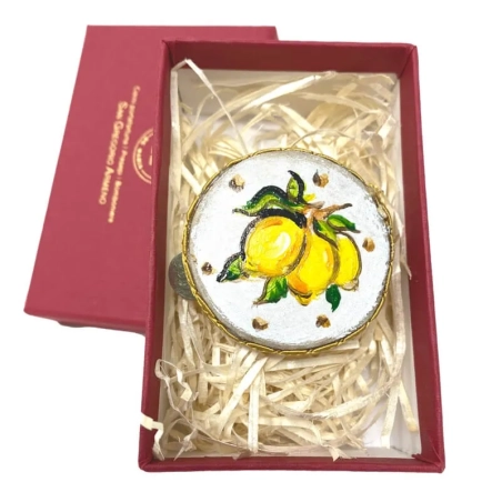 Tamburello  da 4.5 cm con dipinto dei Limoni in scatola regalo