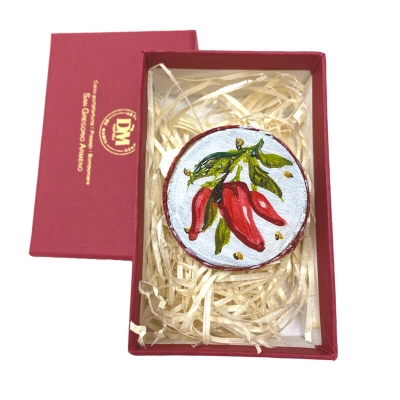 Tamburello da 4.5 cm con dipinto dei peperoncini in scatola regalo
