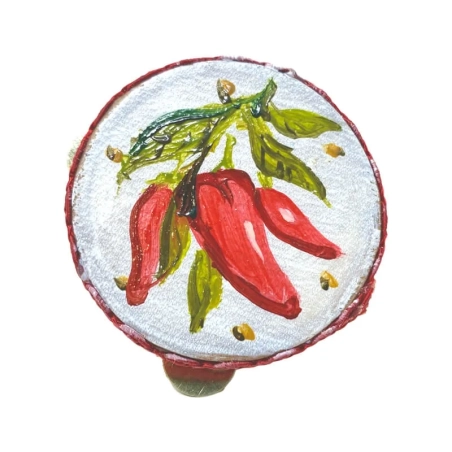 Tamburello da 4.5 cm con dipinto dei peperoncini in scatola regalo