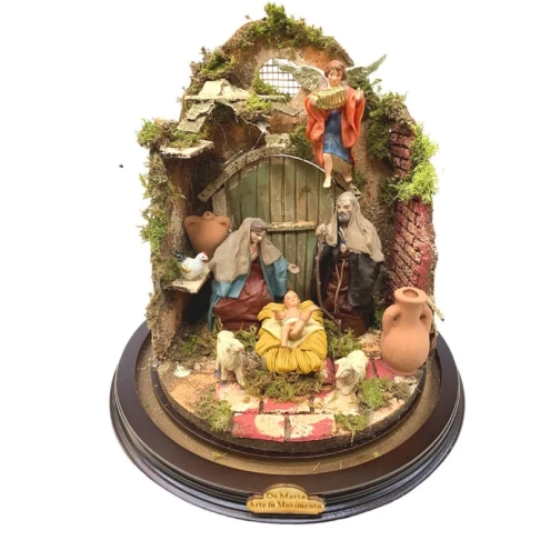 Campana da 30 cm con pastori in terracotta vestiti in stoffa da 12 cm