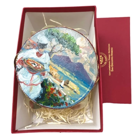 Tamburello 13 cm con dipinto di Pulcinella in scatola regalo