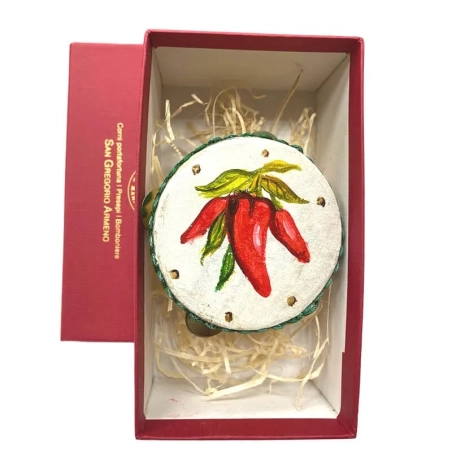 Tamburello da 8 cm con dipinto dei peperoncini in scatola regalo
