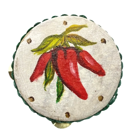 Tamburello da 8 cm con dipinto dei peperoncini in scatola regalo