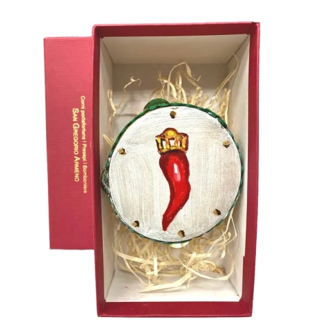 Tamburello da 8 cm  con dipinto del corno in scatola regalo