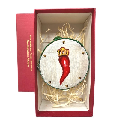 Tamburello da 8 cm con dipinto del corno in scatola regalo