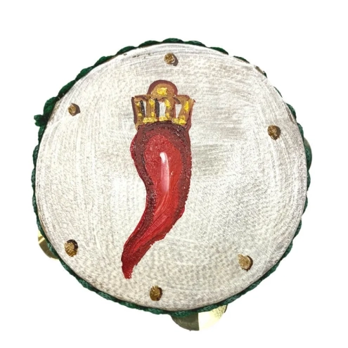 Tamburello da 8 cm  con dipinto del corno in scatola regalo