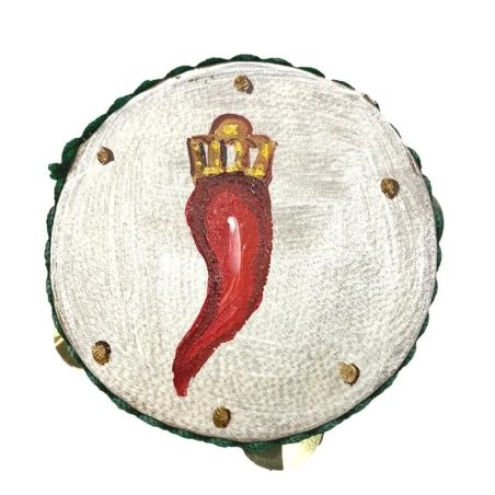 Tamburello da 8 cm  con dipinto del corno in scatola regalo