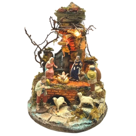 Tempio presepe stile 700 completo di pastori e luci 38 cm