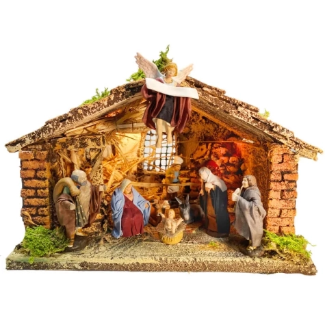 Capanna da 20 cm con luci, forno e pastori vestiti in stoffa 7 cm