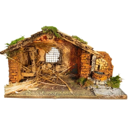 Capanna presepe in sughero con luce e fontana 22 cm