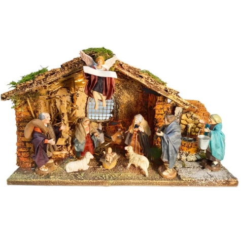 Capanna da 22 cm con luci, fontana e pastori vestiti in stoffa 10 cm