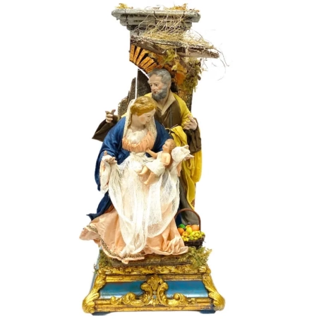 Tempio con Natività stile 700 con occhi in vetro e vestiti San Leucio 25 cm