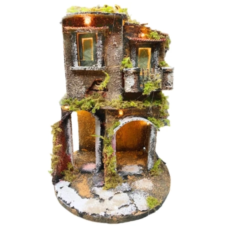 Presepe in sughero con pastori e luci 35 cm