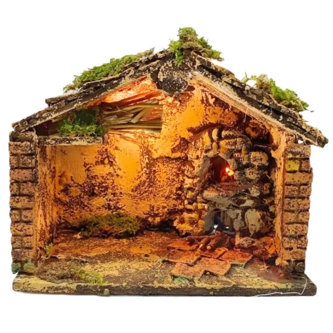 Capanna presepe in sughero con luce e forno 18 cm