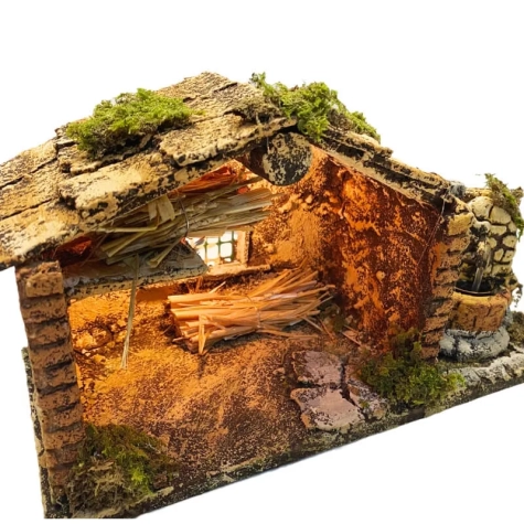 Capanna presepe in sughero con luce e fontana 18 cm 2