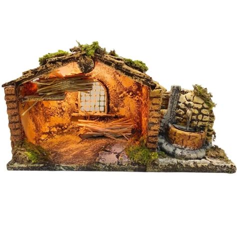Capanna presepe in sughero con luce e fontana 18 cm