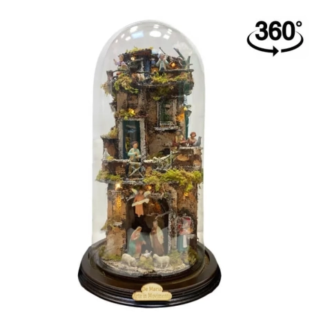 Presepe in campana 40 cm 360 gradi con luci e pastori 6 cm stile 700