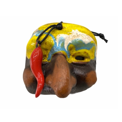 Maschera di Pulcinella con corno stilizzata in terracotta 7 cm