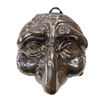 Maschera di Pulcinella cromata stilizzata in terracotta 12 cm