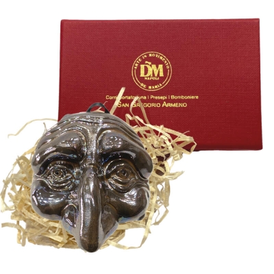 Maschera di Pulcinella cromata stilizzata in scatola regalo 12 cm