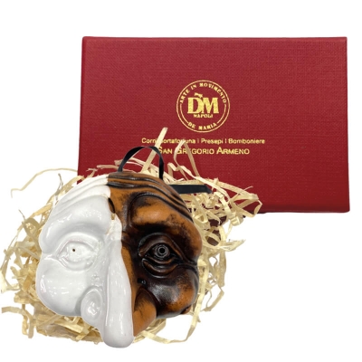 Maschera di Pulcinella bicolore stilizzata in scatola regalo 12 cm