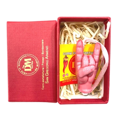 Corna in ceramica rosa in scatola da regalo 7 cm