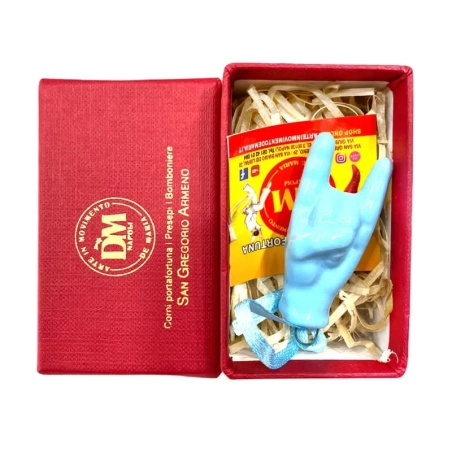 Corna in ceramica azzurre in scatola da regalo 7 cm