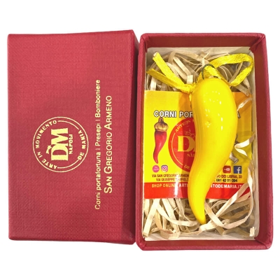 Corno in ceramica giallo in scatola da regalo 7 cm