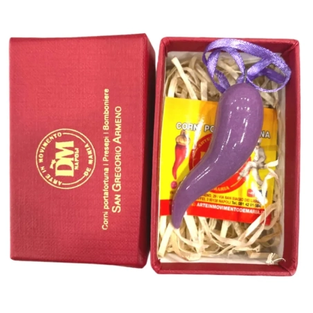 Corno in ceramica viola in scatola da regalo 7 cm