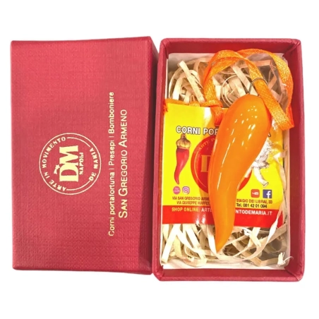 Corno in ceramica arancione in scatola da regalo 7 cm