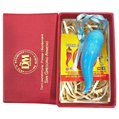 Corno in ceramica azzurro in scatola da regalo 7 cm