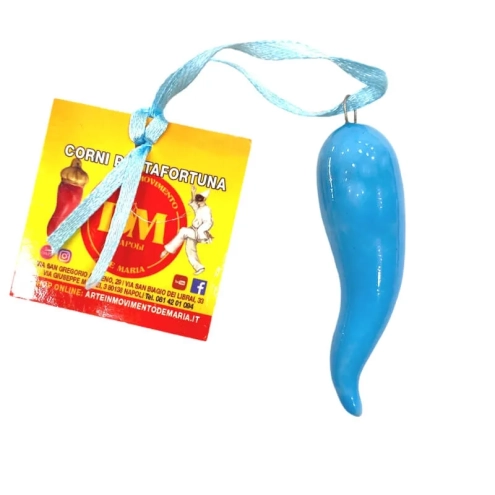 Corno in ceramica azzurro in scatola da regalo 7 cm