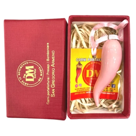 Corno in ceramica rosa in scatola da regalo 7 cm