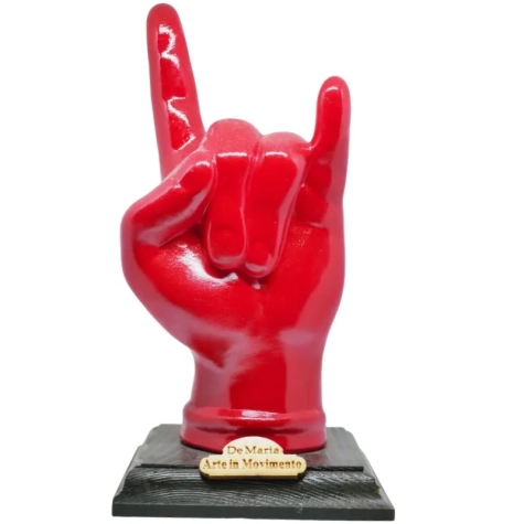 Corna mano porta fortuna rosse su base in legno 17 cm